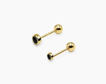 14k Solid Gold 2mm 3mm Black CZ Stud Earring, Dainty Screw Back Earring, Tiny CZ Earring, Minimalist Earring, Stone Stud Earring