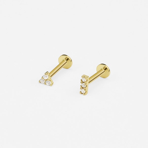 14k Solid Goldtrinie CZ intern gefädelter Labret-Bolzenohrring, 18Gauge, Lobe Tragus Knorpel Helix-Piercing, zarte kleine Ohrring
