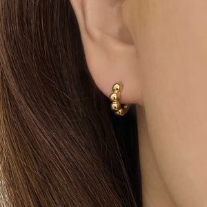 14k Solid Gold Ball Hoop Earring, Every Day Earring, Unique Hoop Earring,Small Huggie Hoop Earring,Gold Hinged Hoop Earring,Sleep in Earring