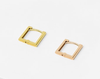 14k Solid Gold Square Hoop Earring, Small Dainty Simple Hoop Earring, Minimalist Earring, Huggie Hoop Earring, Small Hinged Hoop Earring