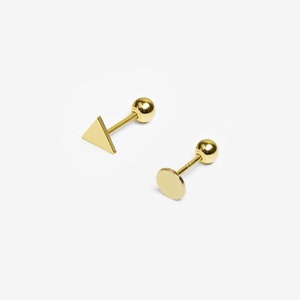 14k Solid Gold Small Geometric Stud Earring, Dainty Earring, Minimalist Earring, Triangle Circle Stud Earring, Screw Back Piercing