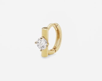 Aro pequeño de oro macizo de 14 k con barra de circonita cúbica, aro pequeño, aro simple, para el trabajo, delicado para uso diario.