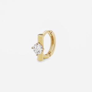 14k Solid Gold Small Single CZ Bar Hoop Earring, Small Hoop Earring, Simple Huggie Hoop Earring, Earring for work, Dainty Everyday Earring