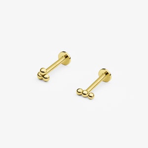 14k Solid Gold Trinity Ball Internally Threaded Labret Stud Earring, 18Gauge, Lobe Tragus Cartilage  Helix Piercing, Delicate Tiny Earring