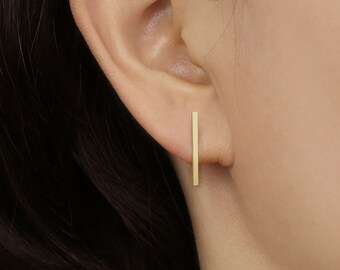 14k Solid Gold Long Stick Earring, Gold Bar Stud Earring, 14k Gold Stud Earring, Flat Bar Stud Earring, Simple Minimalist Earring, Gift