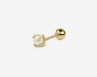 Pendiente de botón de oro macizo de 14k con perla de 3 mm y cuatro puntas, pendiente pequeño y delicado, pendientes minimalistas, piercing para hélix, cartílago o lóbulo.
