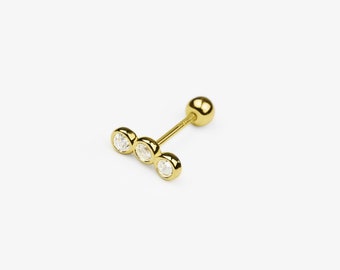 14k Solid Gold Dainty Trinity CZ Stud Earring, Small CZ Bar Stud Earring, Minimalist Earring, Lobe Earring, Helix Cartilage Stud, Piercing