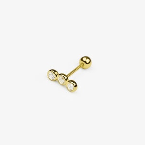 14k Solid Gold Dainty Trinity CZ Stud Earring, Small CZ Bar Stud Earring, Minimalist Earring, Lobe Earring, Helix Cartilage Stud, Piercing