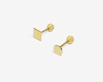 14k Solid Gold Small Geometric Stud Earring, Dainty Earring, Minimalist Earring, Square Circle Stud Earring, Screw Back Piercing