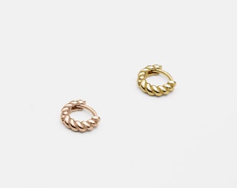 14k Solid Gold Micro Rope Hoop Earring, Dainty Simple Hoop Earring, Cartilage Piercing, Tiny Huggie Hoop Earring, Gold Small Hinged Hoop