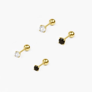 14k Solid Gold Small Tiny CZ Stud Earring, Single Dainty Screw Back Earring, 2mm 3mm Clear Black Stone Minimalist Everyday Wear Earring Gift