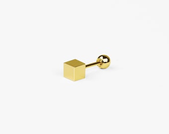 14k Solid Gold Cube Stud Earring, Dainty Piercing, Small Gold Earring, Minimalist Earring, Cartilage Helix Piercing, Simple Earring