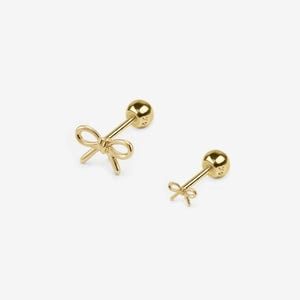 14k Solid Gold Ribbon Stud Earring, Micro Small Earring, Dainty Screw Back Stud Earring, 14k Gold Earring, Tiny Stud Earring, Ear Piercing