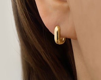 May include: Gold hoop earrings with a slightly rounded shape. The earrings are worn in the earlobes.