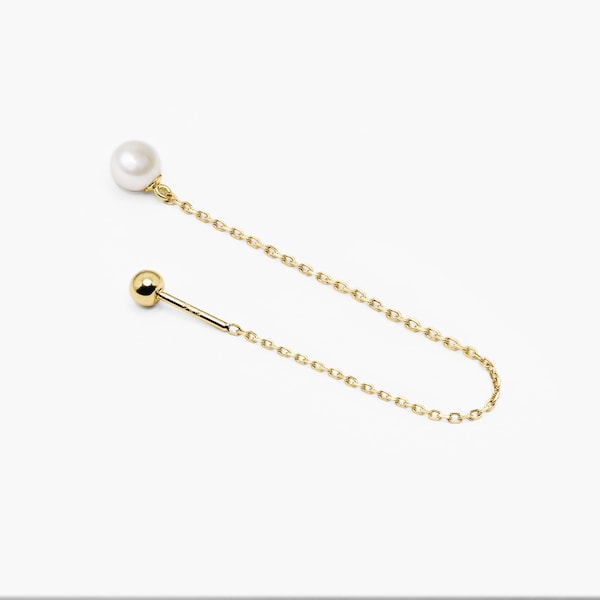 14k Solid Gold Pearl Chain Screw Ball Earring, Pearl Drop Earring, Delicate Chain Earring, Chain Piercing, Pull Through Dangling Earring