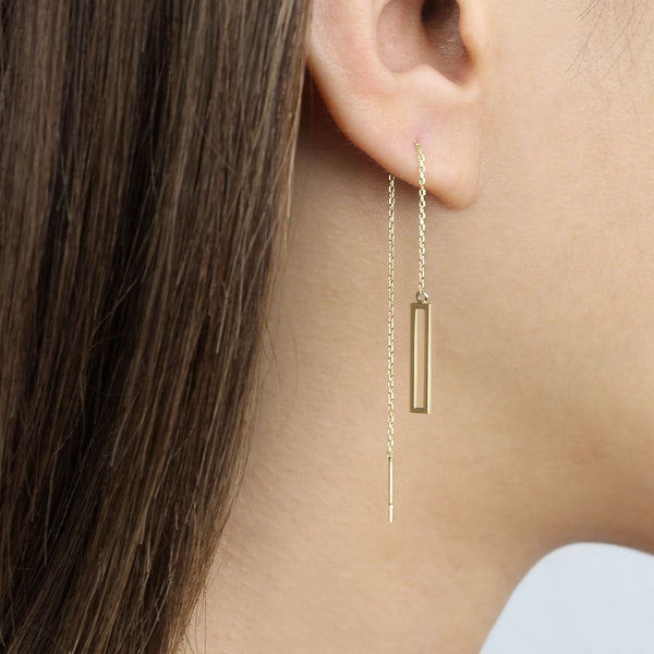 14k Solid Gold Rectangle Long Threader Earring, Drop Earring, Delicate Chain Earring, Pull Through Dangling Earring, Double Hole Earring