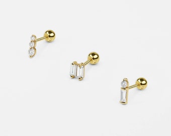 Pendiente de botón con circonita cúbica en oro macizo de 14 k, pendiente minimalista pequeño y delicado, pendiente de perforación con circonita cúbica, pendiente para el lóbulo del cartílago, pendiente con segundo agujero.