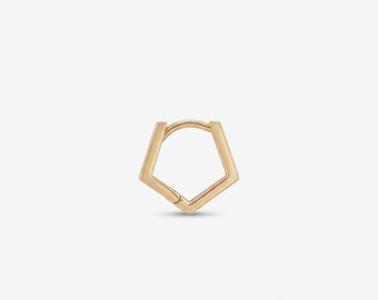Pendiente de aro pequeño pentagonal de oro macizo de 14k, pendiente minimalista, pendiente de aro huggie, pendiente de aro pequeño con bisagra, regalo