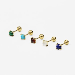 14k Solid Gold Four-Prong Stone Stud Earring, Lapis Lazuli Moonstone Garnet Turquoise  Malachite Earring, Screw Back, Birthday Gift