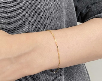 Pulsera de cadena plana delgada de oro macizo de 14k, pulsera de oro minimalista simple, pulsera delicada, pulsera diaria ajustable delicada