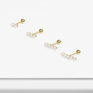 14k Solid Gold Tiny Pearl Stud Earring, Small Bar Stud Earring, Minimalist Earring, Dainty Lobe Helix Cartilage Stud Piercing