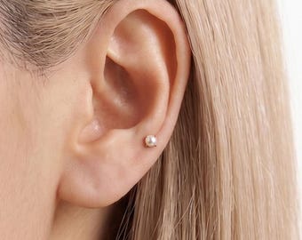 14k Solid Gold 3mm Pearl Internally Threaded Labret Stud Earring, Lobe Tragus Cartilage  Helix Piercing, Small Earring