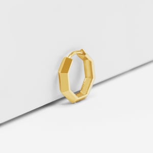 14k Solid Gold 14 Sided Hoop Earring, Every Day Earring, Unique Hoop Earring, Huggie Hoop Earring, Small Gold Hinged Hoop Earring