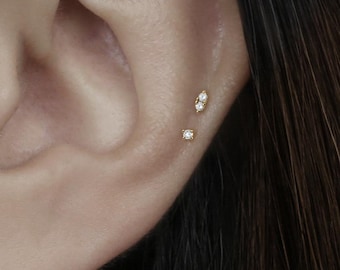 14k Gold Double Diamond dangle Ear Stud for Cartilage with flat back |  18G Tiny Minimalist Stud Earring Tragus Helix Cartilage Conch