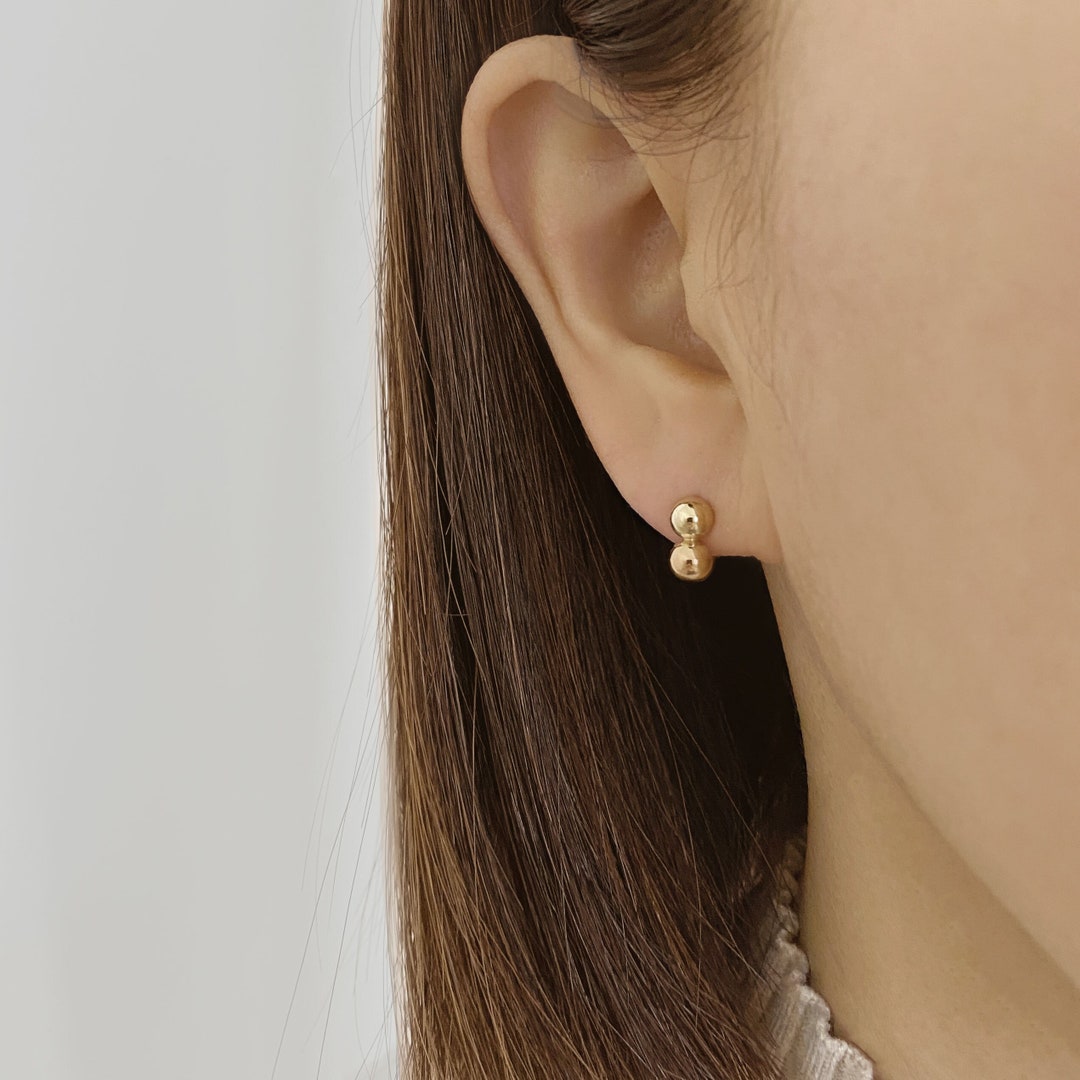 14k Solid Gold Double Ball Hoop Earring Every Day Earring Etsy