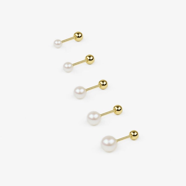 14k Solid Gold kleine parel Stud Earring, sierlijke bruidsoorbel, Helix kraakbeen piercing, schroef terug oorbel 2,5 mm, 3 mm, 4 mm, 5 mm, 6 mm, cadeau