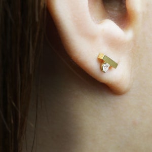 14k Solid Gold Bar CZ Point Stud Earring, Gold Small Bar Stud Earring, Dainty Gold Line Earring, Tiny Stud Earring, Cartilage Helix Piercing