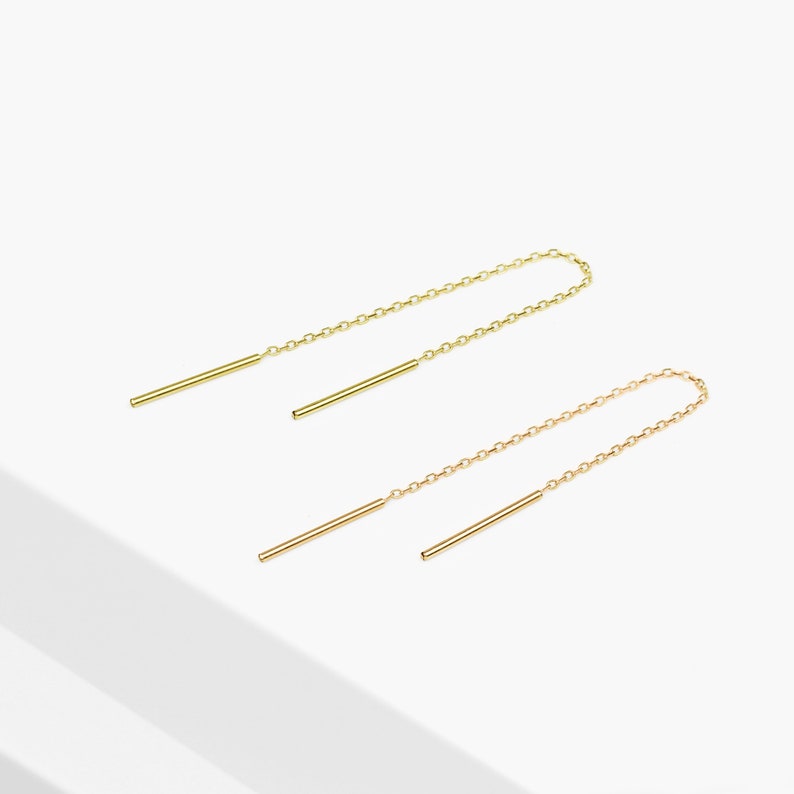 14k Solid Gold Double Bar Thin Threader Earring, Ear Threader, Gold Drop Earring, Delicate Chain Earring, Pull Through Dangling Earring image 2