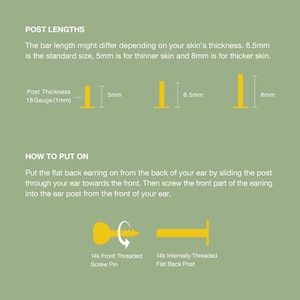 May include: Diagram showing different post lengths for earrings, with illustrations of 5mm, 6.5mm, and 8mm posts.  The text explains that 6.5mm is the standard size, 5mm is for thinner skin, and 8mm is for thicker skin.  The diagram also shows how to put on an earring with a screw-on post.
