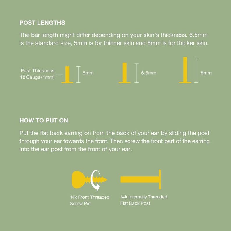 May include: Diagram showing different post lengths for earrings, with illustrations of 5mm, 6.5mm, and 8mm posts.  The text explains that 6.5mm is the standard size, 5mm is for thinner skin, and 8mm is for thicker skin.  The diagram also shows how to put on an earring with a screw-on post.