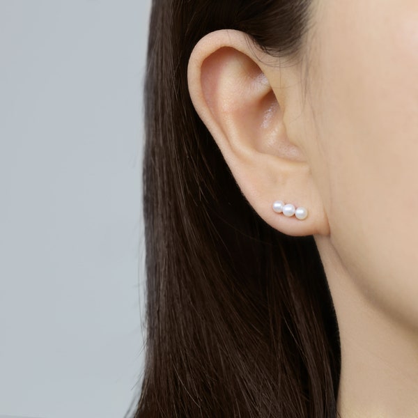 14k Solid Gold Trinity Freshwater Pearl Stud Earring, Bar Stud Earring, Gift for Her, Timeless Earring, Simple Elegant Earring