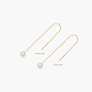 14k Solid Gold Threader Freshwater Pearl Drop Earring, Dangle Chain Earring, Double Hole Earring, Simple Elegant Earring, Double Piercing image 2