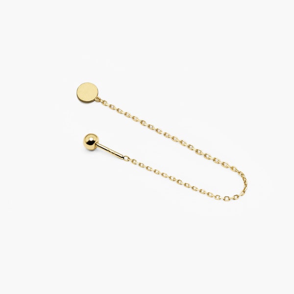 14k Solid Gold Flat Circle Chain Screw Ball Earring, Drop Earring, Delicate Chain Earring, Chain Piercing, Trek door bungelende oorbel