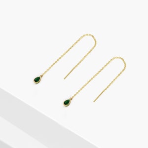 14k Solid Gold Green CZ Threader Drop Earring, Delicate Chain Earring, String Earring, Pull Through Dangling Earring, Multiway Earring