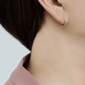 14k Solid Gold Small Ball Hoop Earring, Dainty Simple Hoop Earring, Cartilage Piercing, Huggie Hoop Earring, Gold Small Hinged Hoop Earring image 3