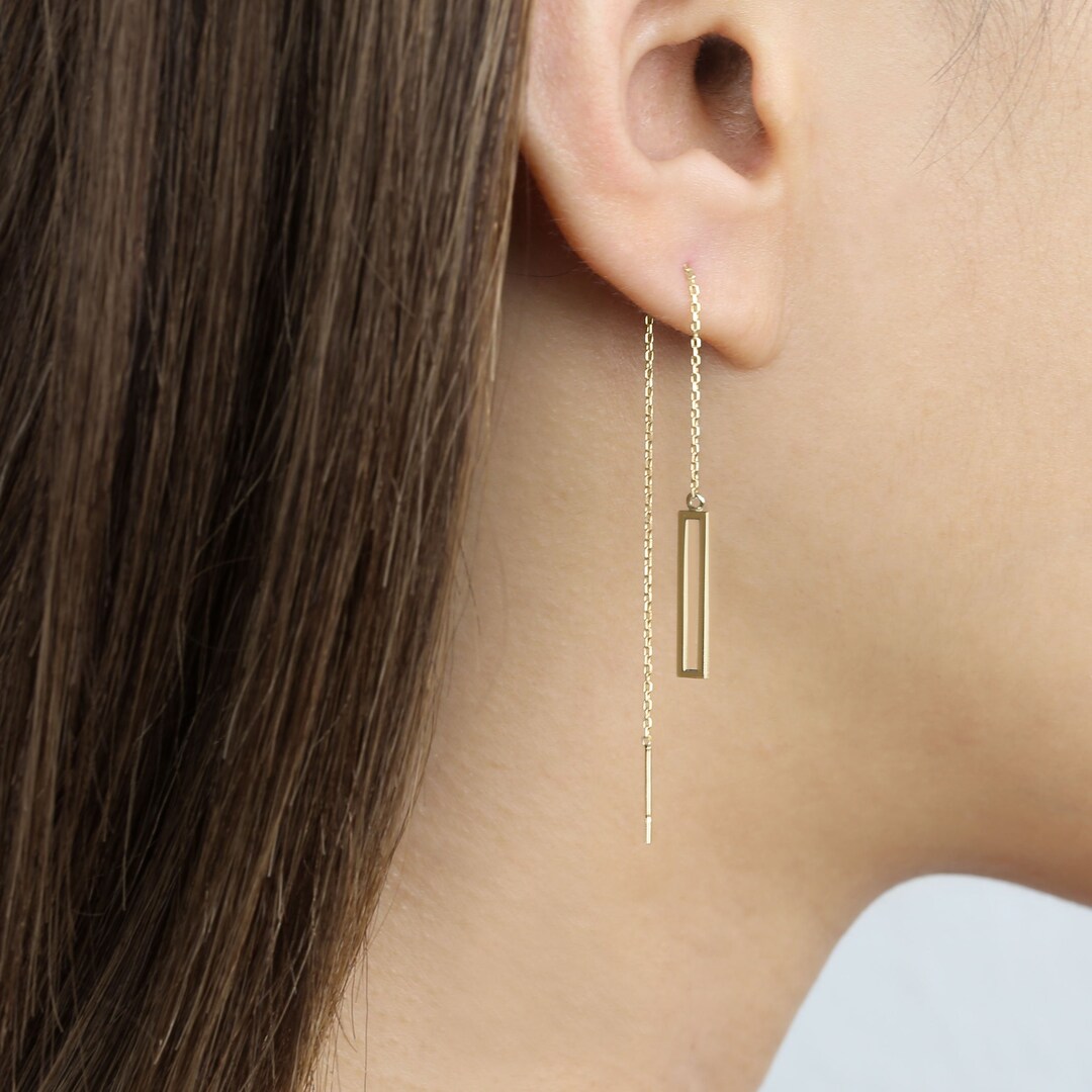 14k Solid Gold Rectangle Long Threader Earring, Drop Earring, Delicate