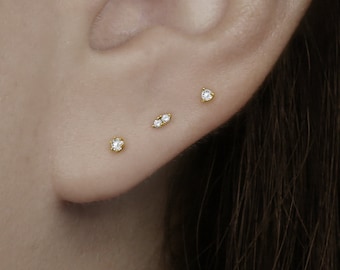 14k Solid Gold Tiny CZ Stud Earring, Dainty Small Minimalist Earring, Tiny CZ Piercing Earring, Lobe Cartilage Earring, Second Hole Earring