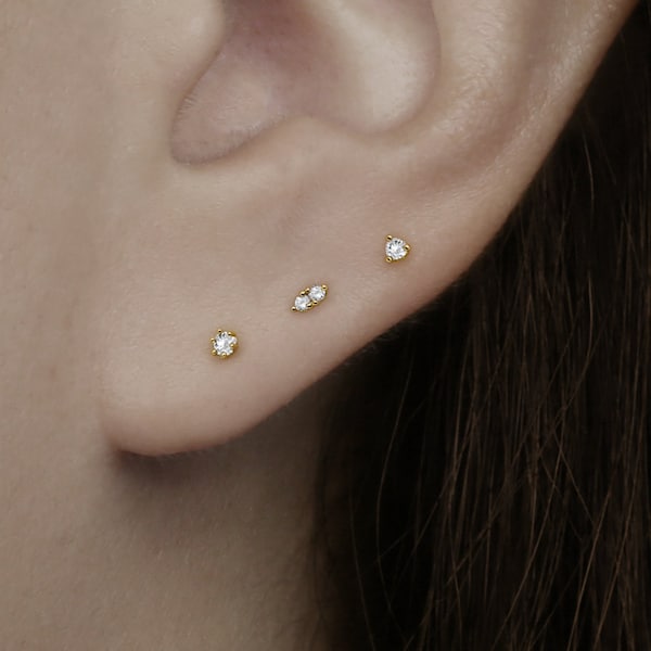 14k Solid Gold Tiny CZ Stud Earring, Dainty Small Minimalist Earring, Tiny CZ Piercing Earring, Lobe Cartilage Earring, Second Hole Earring