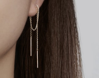 14k Solid Gold Sturdy Extra Long Chain Double Bar Earring, Multiple Piercing Threader, Two Hole Threader, Drop Pull Through Dangling Earring