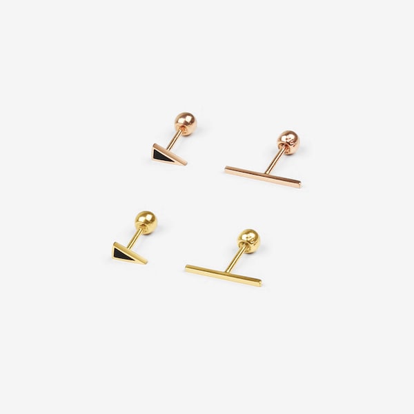 14k Solid Gold Small Edge Stud Earring,Dainty Bar Triangle Stud Earring,Minimalist Lobe Earring, Helix Piercing,Rose Gold Cartilage Earring