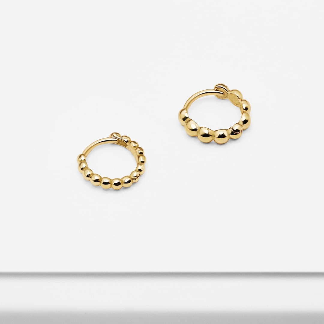 14k Solid Gold Ball Hoop Earring, Simple Hoop Earring, Minimalist