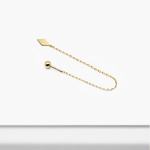 14k Solid Gold Flat Rhombus Chain Screw Ball Earring, Drop Earring, Delicate Chain Earring, Chain Piercing, Pull Through Dangling Earring