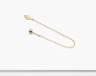 Pendiente de oro macizo de 14 k con cadena de rombos, bola roscada, pendiente colgante, pendiente de cadena delicada, piercing de cadena, pendiente colgante con tirador.