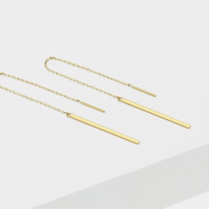 14k Solid Gold Flat Long Bar Threader Earring, Drop Earring, Delicate Chain Earring, String Earring, Pull Through Dangling Earring, Gift