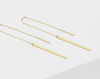 14k Solid Gold Flat Long Bar Threader Earring, Drop Earring, Delicate Chain Earring, String Earring, Pull Through Dangling Earring, Gift