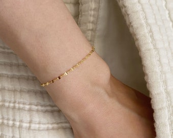 Pulsera de cadena centelleante de oro macizo de 14k, pulsera de oro minimalista simple, pulsera en capas, pulsera ajustable, pulsera de todos los días